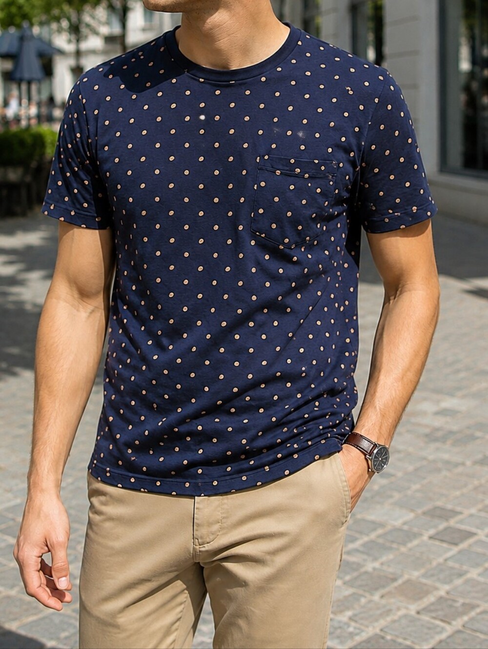NWT RW&CO. Men's Navy Cotton Blend Pocket Tee Peach Dot Print Short Sleeve